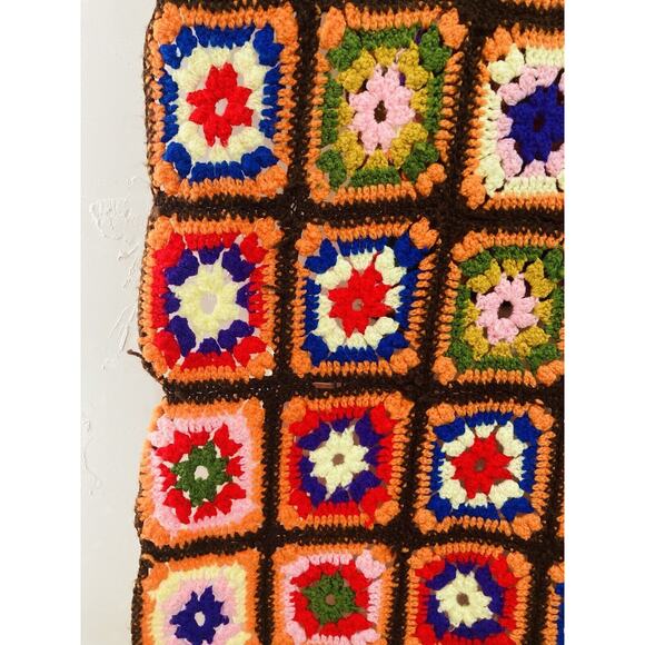 Vintge Handmade Granny Square Afghan Crochet Coverlet Blanket Orange Brown 90x70 - Picture 6 of 9